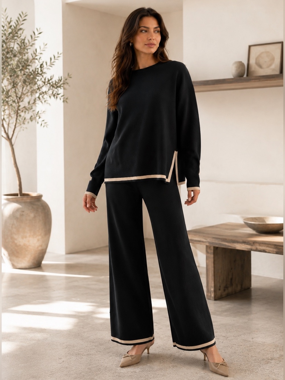 ✨ Handpicked in Paris 🇫🇷 Black Wide-Leg Knit Pants with Contrast Trim